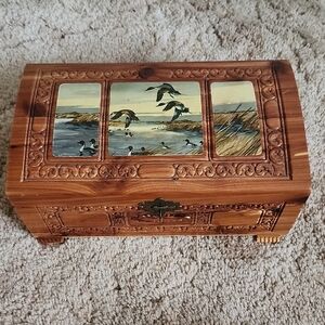 Carved Wooden Box with Duck Mallard Design And Inner Mirror